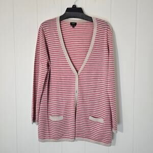 Talbots Cardigan Italian Wool Pink Stripes Button Lightweight Size XL